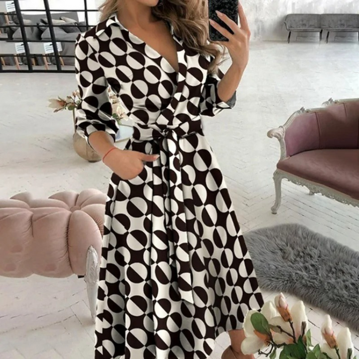 Levoire | Élégante Robe Midi À Enrouler Avec Ceinture Pour Femmes Braun-Noir
