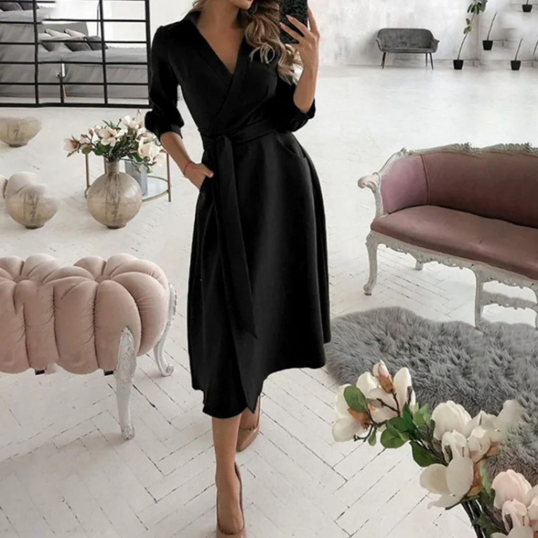 Levoire | Élégante Robe Midi À Enrouler Avec Ceinture Pour Femmes Noir