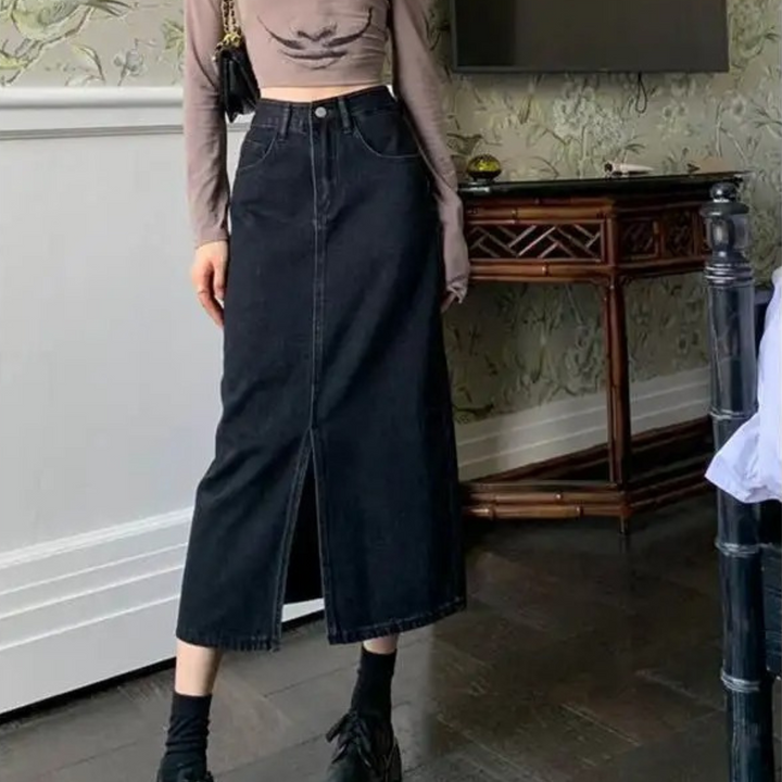 Levoire | Jupe En Jean Bleue Lavée Longue Taille Haute Noir