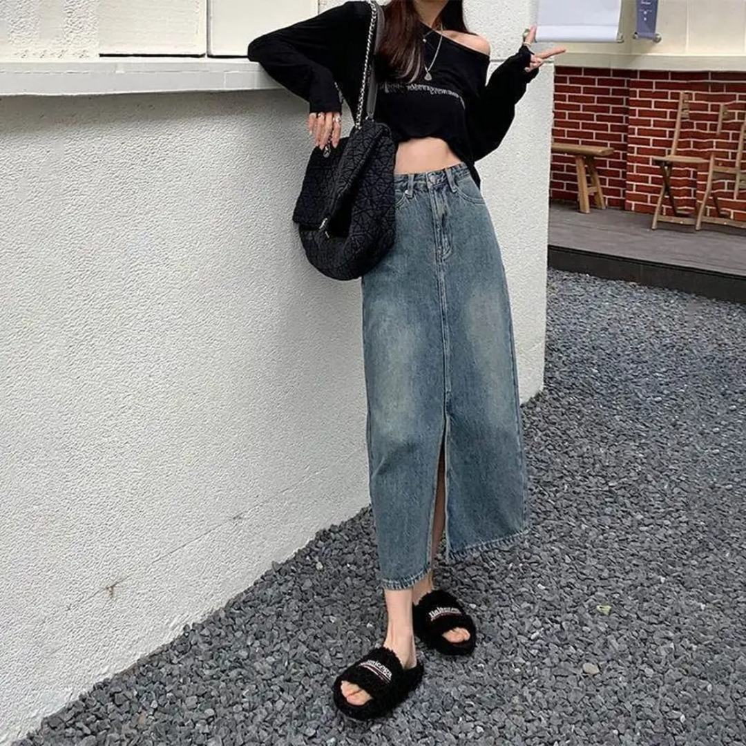 Levoire | Jupe En Jean Bleue Lavée Longue Taille Haute