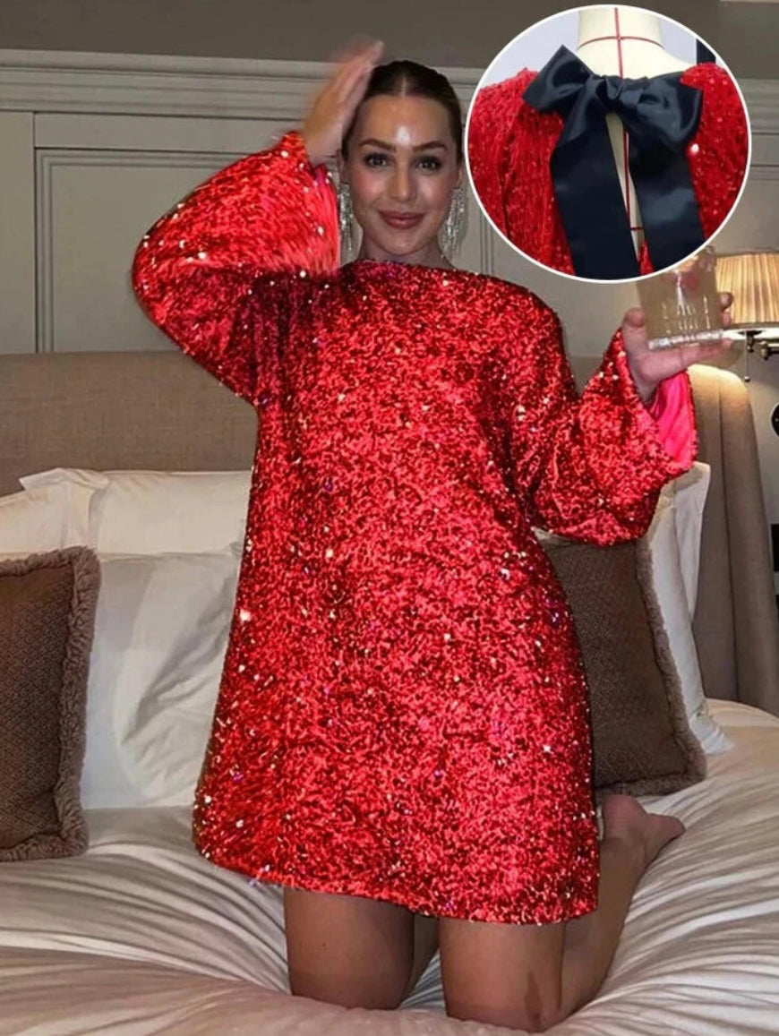 Levoire | Robe Mini Éclatante À Manches Longues Robe De Fête Rot