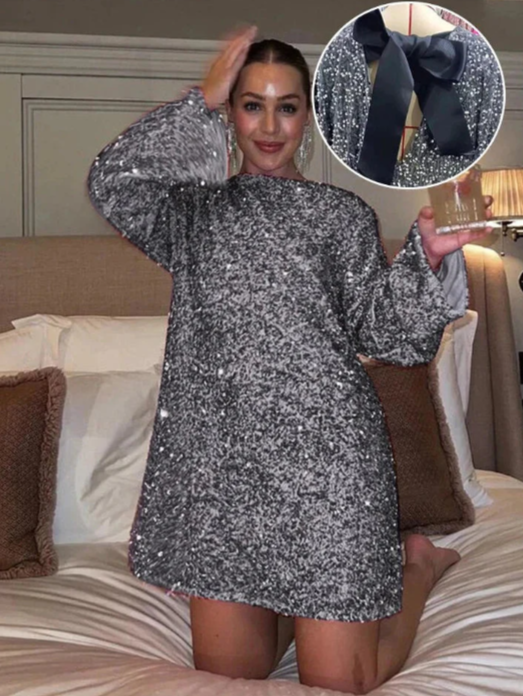 Levoire | Robe Mini Éclatante À Manches Longues Robe De Fête Argent