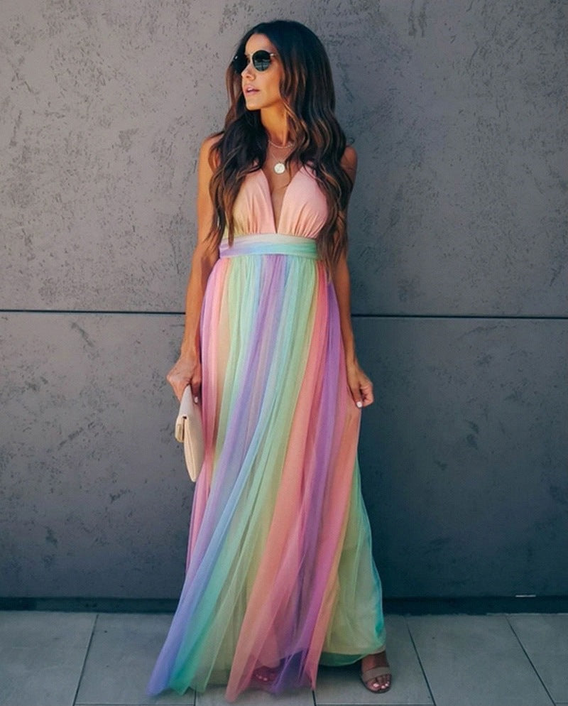 Levoire | Robe Dos Nu Dégradé Arc-En-Ciel À Bretelles Spaghetti Robe De Fête