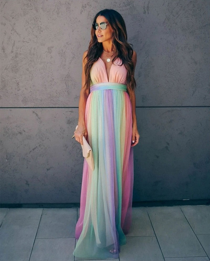 Levoire | Robe Dos Nu Dégradé Arc-En-Ciel À Bretelles Spaghetti Robe De Fête