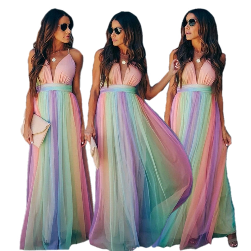Levoire | Robe Dos Nu Dégradé Arc-En-Ciel À Bretelles Spaghetti Robe De Fête