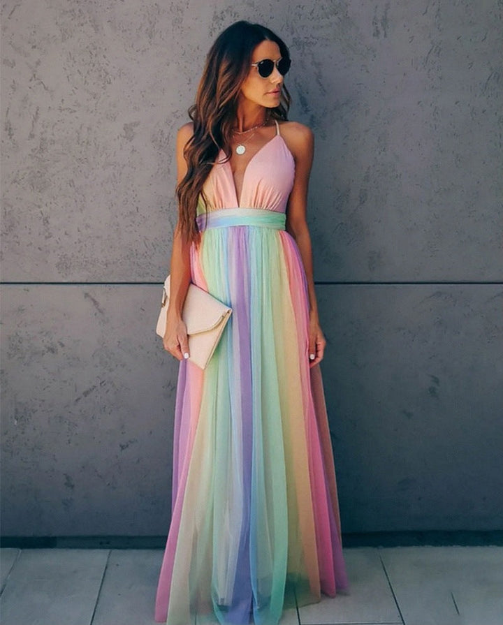 Levoire | Robe Dos Nu Dégradé Arc-En-Ciel À Bretelles Spaghetti Robe De Fête