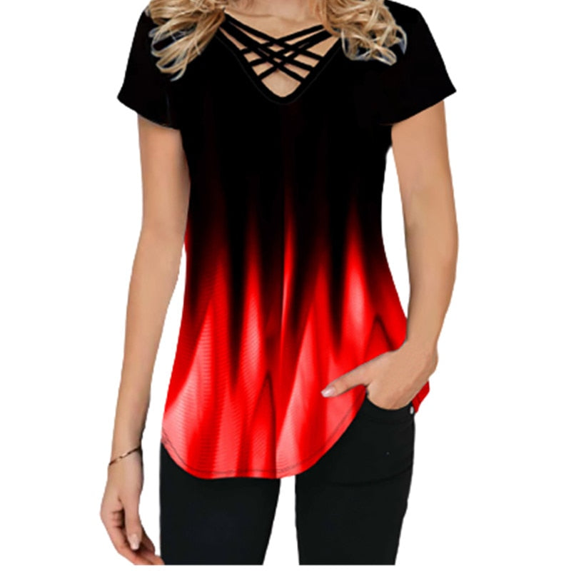Levoire | Dégradé Imprimé Croisé Décolleté V Haut D'Été À Manches Courtes T-Shirt Ample Rouge