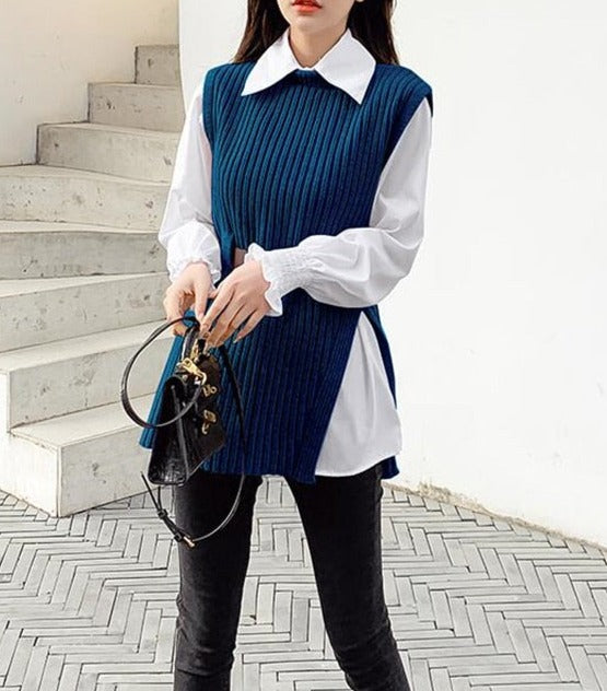 Levoire | Blouse Sweater Ensemble 2 Pièces, Décontracté Et Confortable Bleu