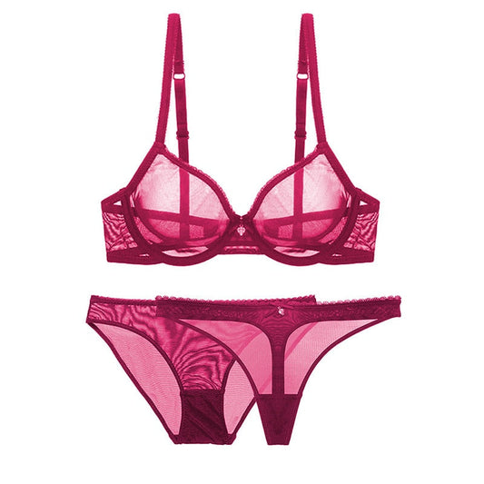 Levoire | Ensemble De Lingerie Transparent 3 Pièces Avec Un Joli Nœud Bordeaux