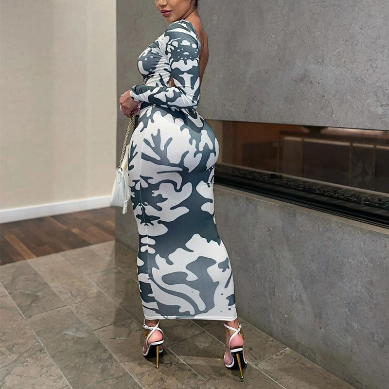Levoire | Imprimé De Feuille Robe Maxi À Manches Longues Col O