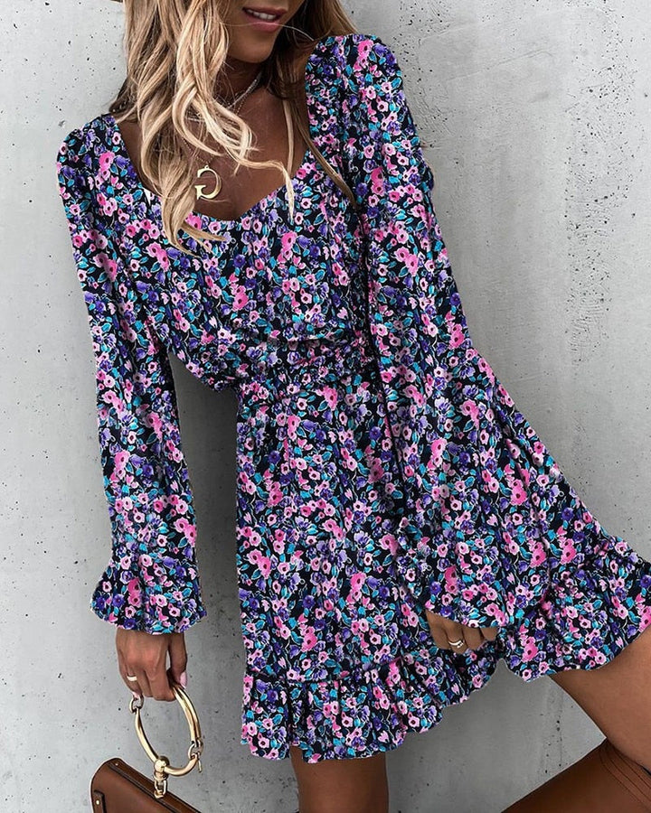 Levoire | Imprimé Floral Mini Robe Col Carré & Manches Bouffantes Pour Bureau & Décontracté Violet