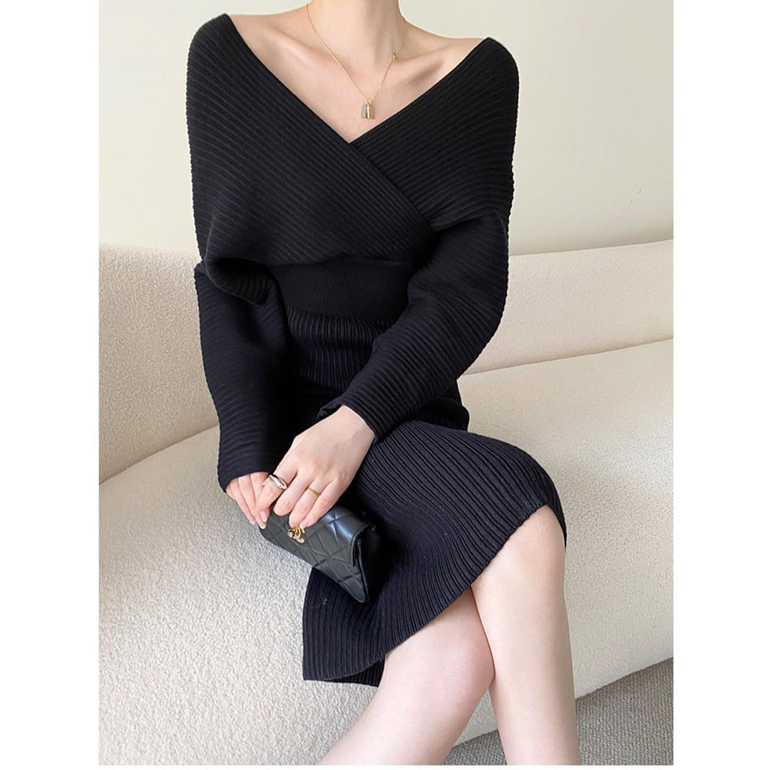 Levoire | Robe Longue Tricotée Col V Mince Noir