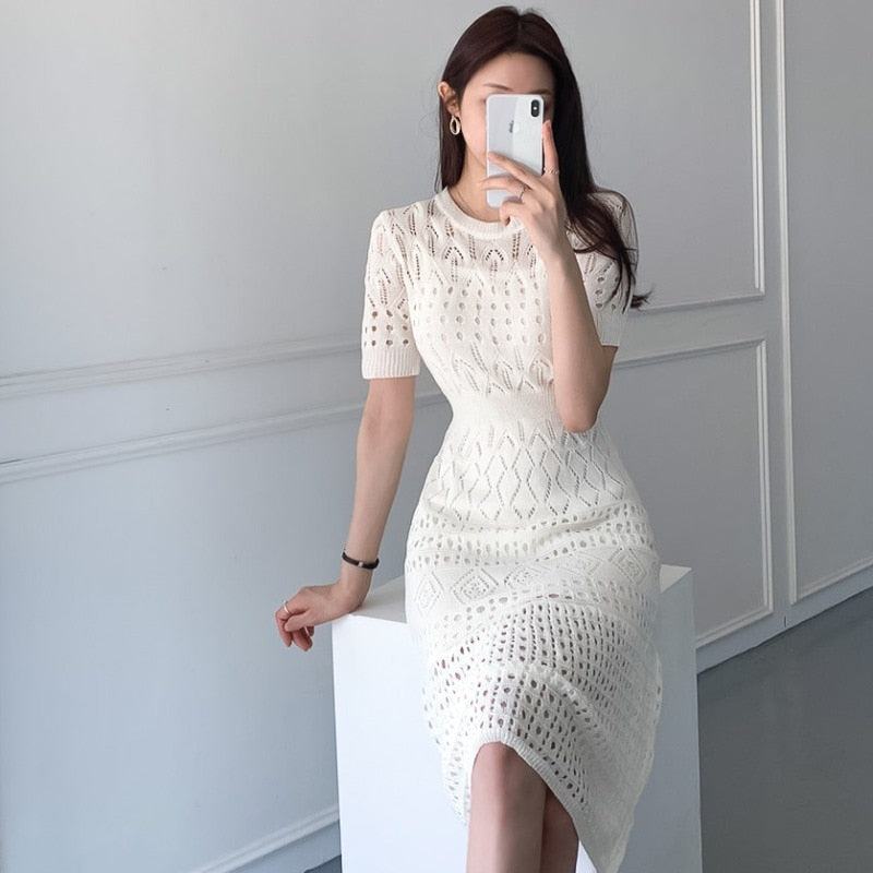 Levoire | Robe Décontractée Tricot A-Ligne Été Blanc Une taille
