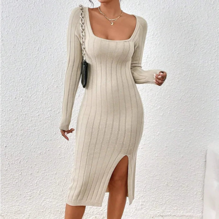 Levoire | Rento Manches Longues Slim Fit Col Carré Robe Midi Beige