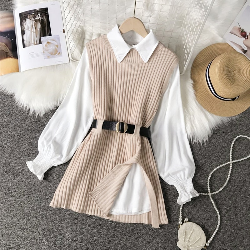Levoire | Gilet Tricoté À Lacets & Chemise Blanche Décontractée Mode Pour Femmes Khaki