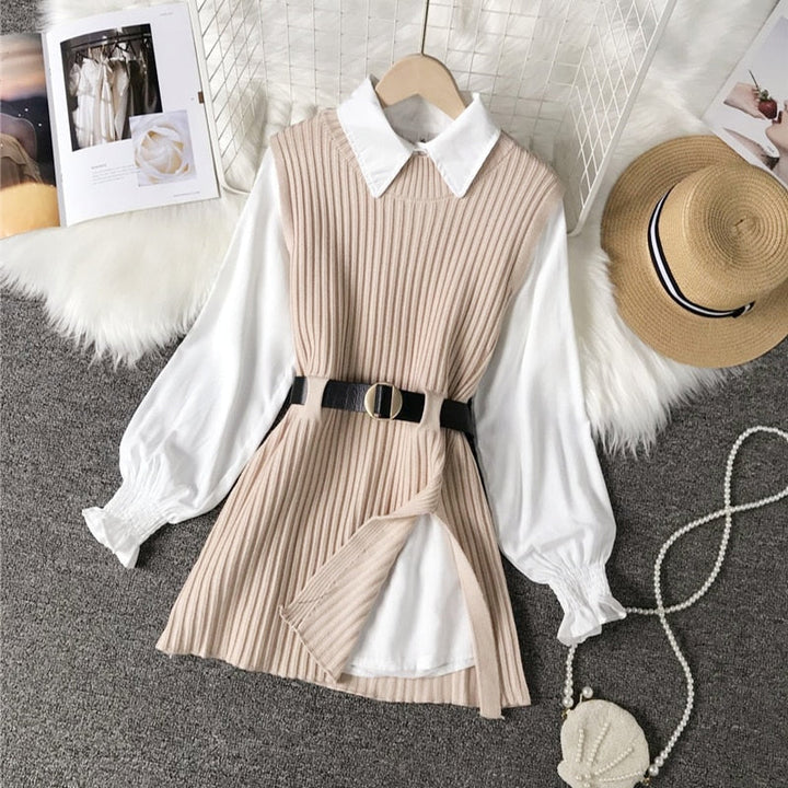 Levoire | Gilet Tricoté À Lacets & Chemise Blanche Décontractée Mode Pour Femmes Khaki