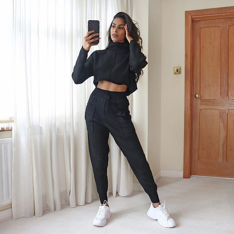 Levoire | Pull À Manches Longues Avec Col Montant Et Pantalon À Cordon De Serrage Pour Dames - Tenue De Voyage Festive Noir
