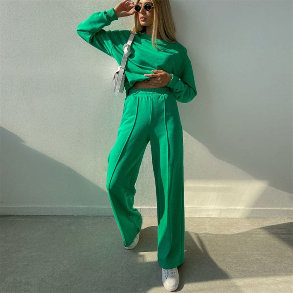 Levoire | Pull Luxueux À Manches Longues Avec Pantalon Large Ensemble À Deux Pièces Vert