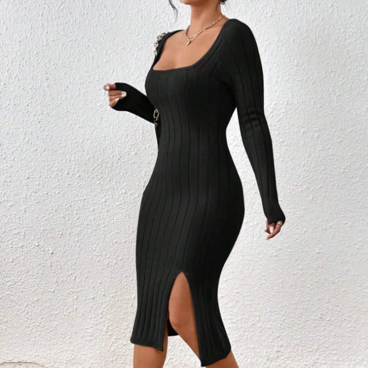 Levoire | Rento Manches Longues Slim Fit Col Carré Robe Midi Noir