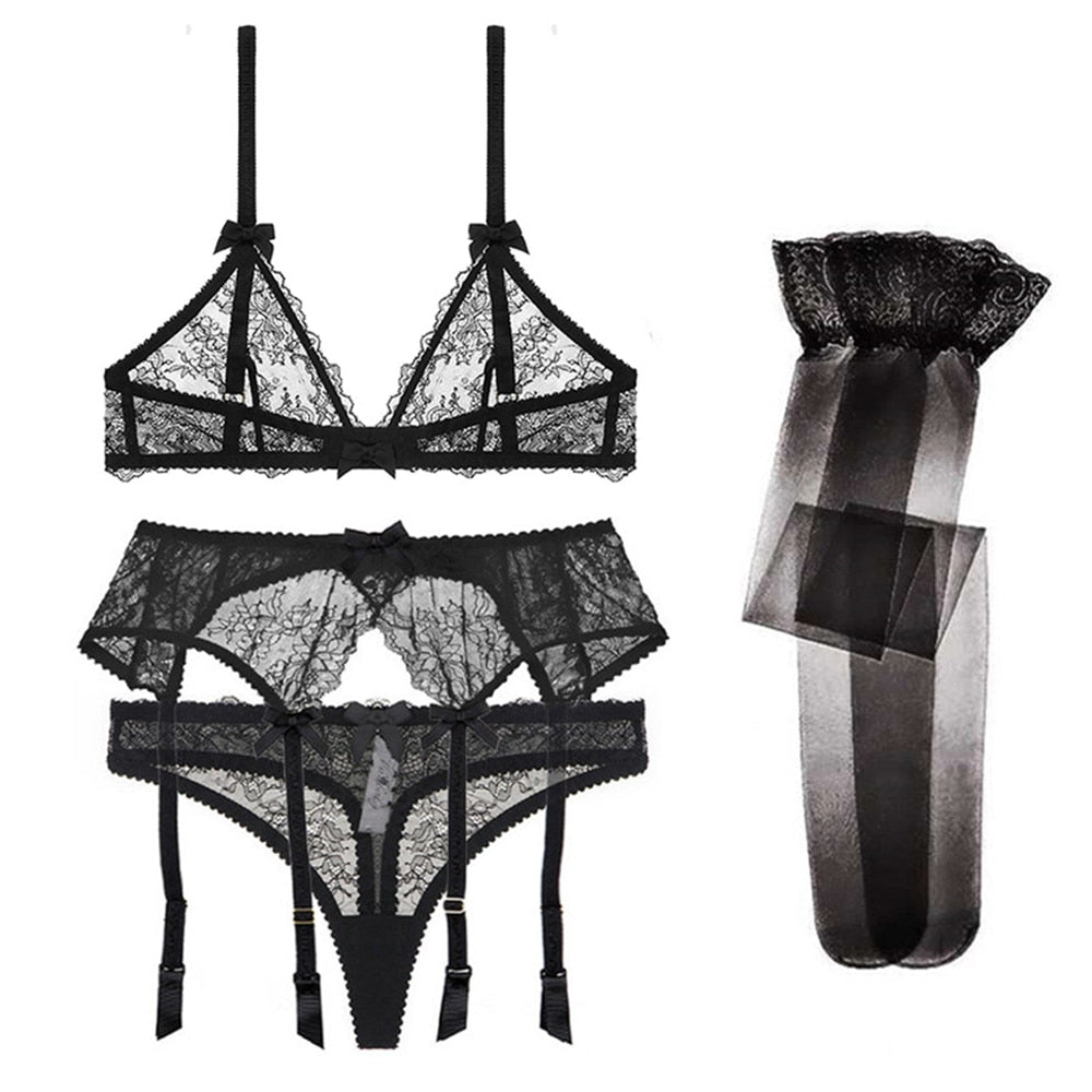 Levoire | Ensemble De Lingerie En Dentelle 4 Pièces Noir