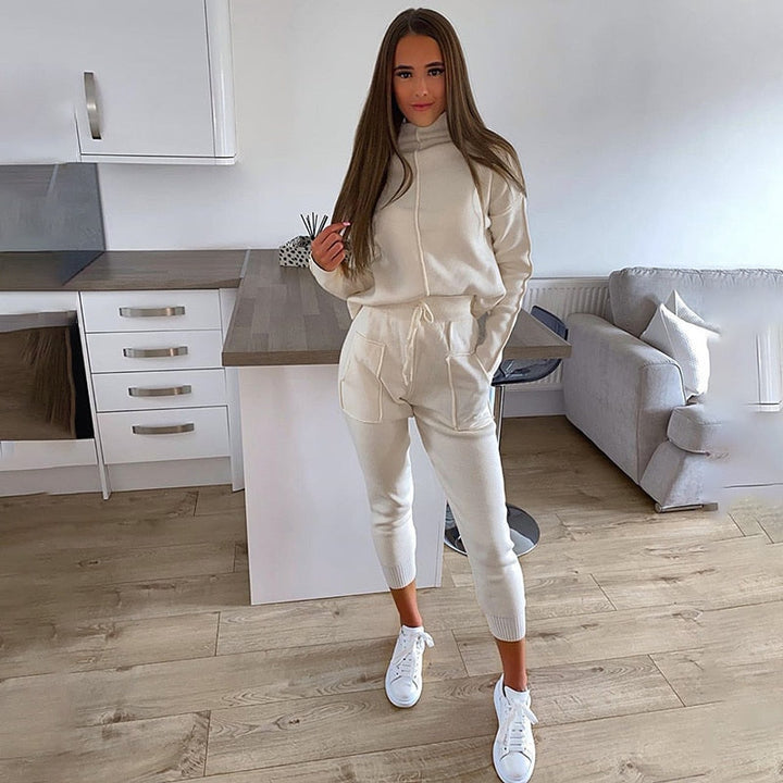 Levoire | Pull À Manches Longues Avec Col Montant Et Pantalon À Cordon De Serrage Pour Dames - Tenue De Voyage Festive Beige