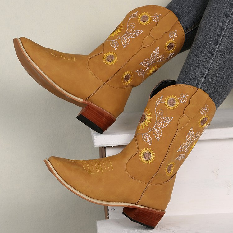Levoire | Bottes De Cowboy Hautes Avec Impression De Tournesol Kaki