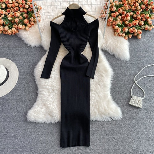 Levoire | Robe Tricot Urbain Épaules Dénudées Noir Une taille