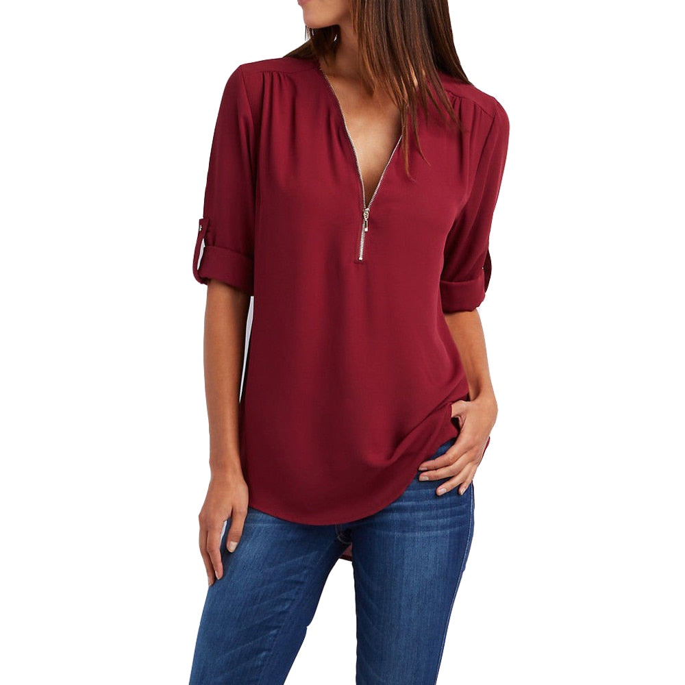 Levoire | Taille V-Neck Zip Manches Longues Chemise Sexy Casual Blouse Pour Femmes