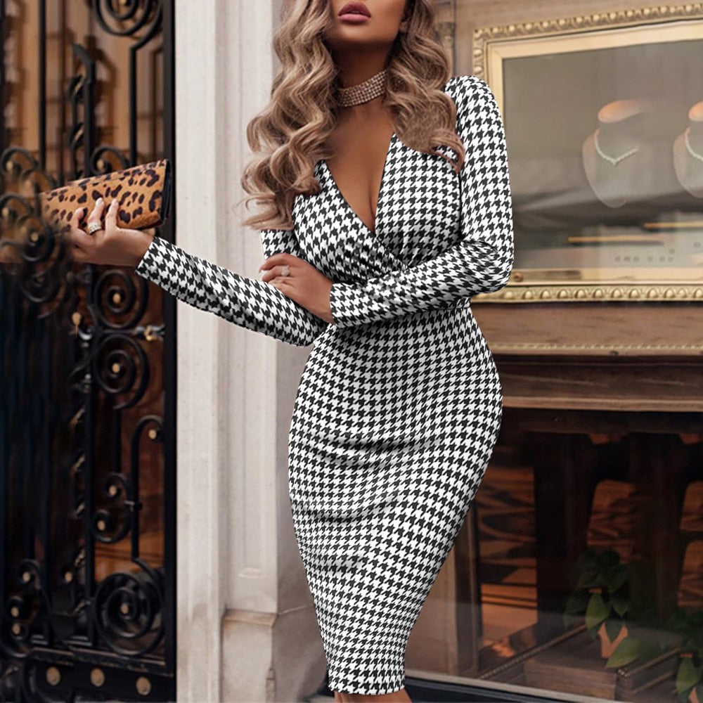 Levoire | Robe Bodycon À Paillettes À Col V À Manches Longues Midi De Fête Blocs