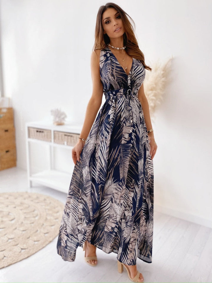 Levoire | Robe Maxi Décolleté En V Sexy Sans Manches Sans Dos Bleu