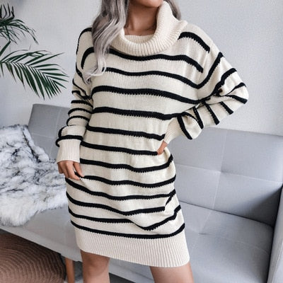 Levoire | Robe Pull Robe À Col Montant Avec Design Rayé Beige-Noir