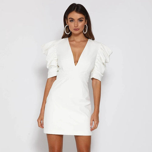 Levoire | Robe Blanche Avec Des Manches Bouffantes Et Décolleté En V