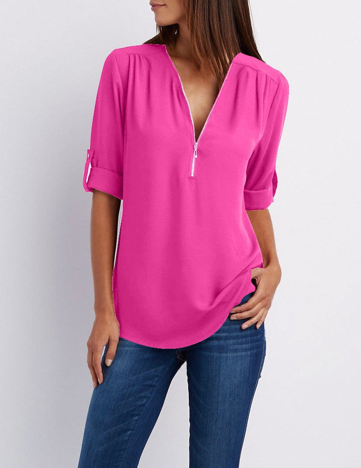 Levoire | Taille V-Neck Zip Manches Longues Chemise Sexy Casual Blouse Pour Femmes