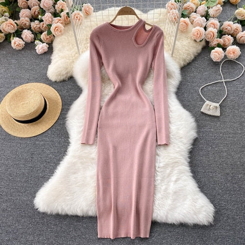 Levoire | Robe Maxi Sexy Tricotée Découpée Rose Une taille