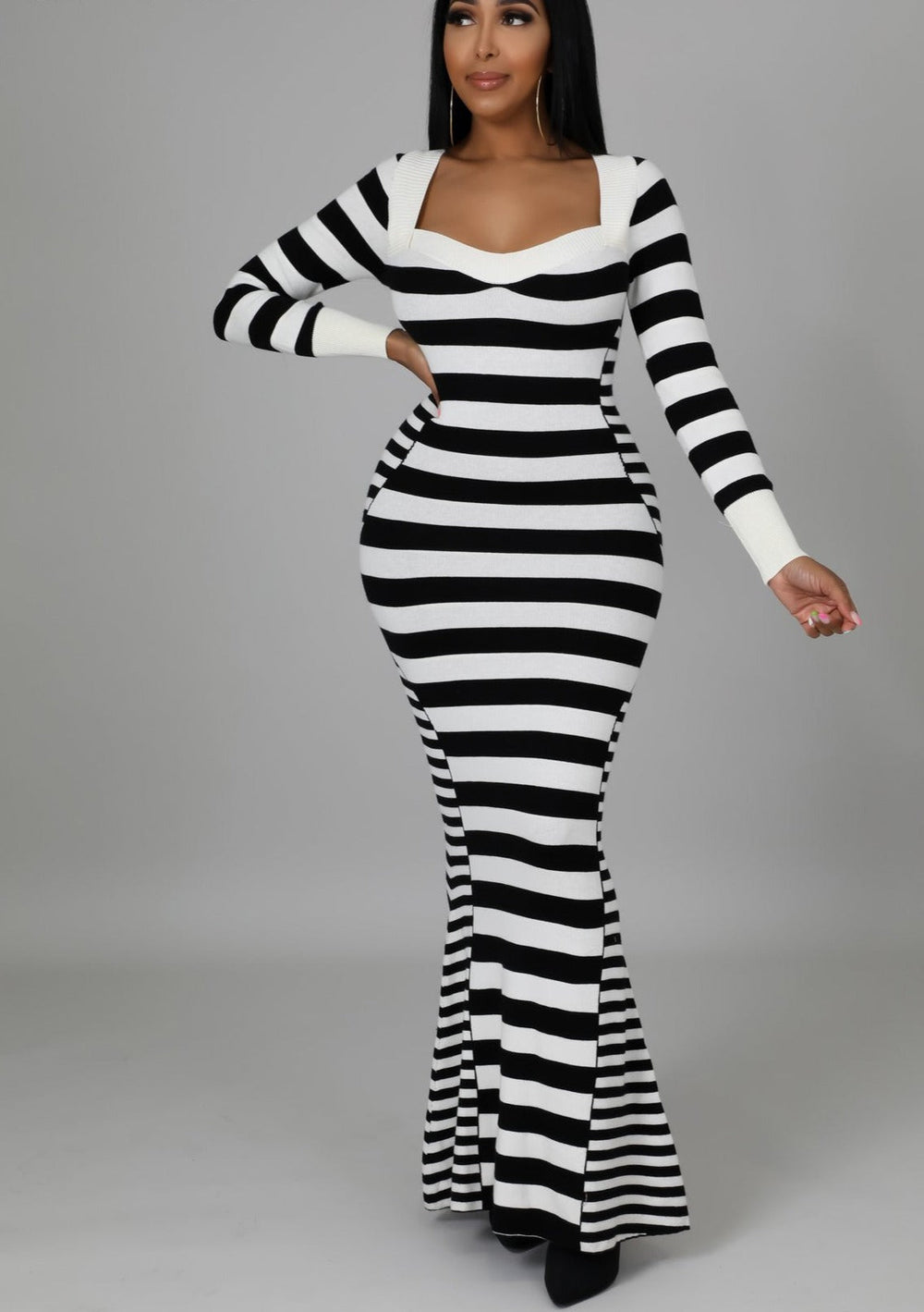 Levoire | Robe Maxi À Rayures V Manches Longues Havsalt
