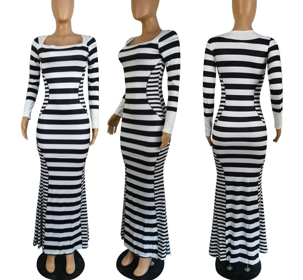 Levoire | Robe Maxi À Rayures V Manches Longues Havsalt