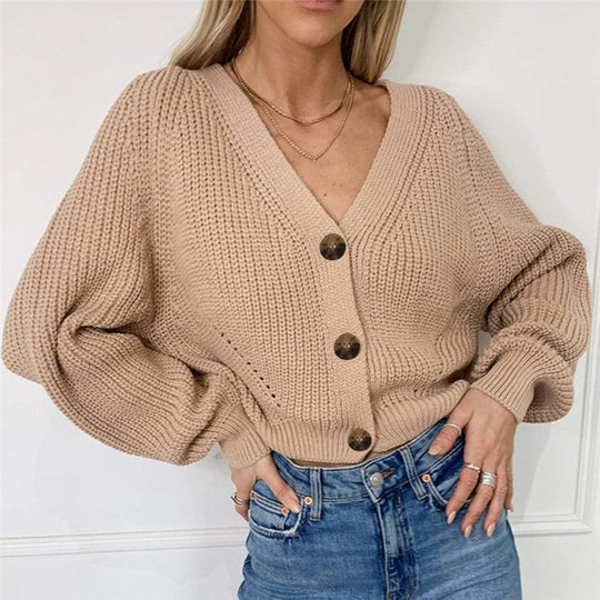 Levoire | Pull Long À Col En V Avec Tricot Lâche Et Bouton Khaki