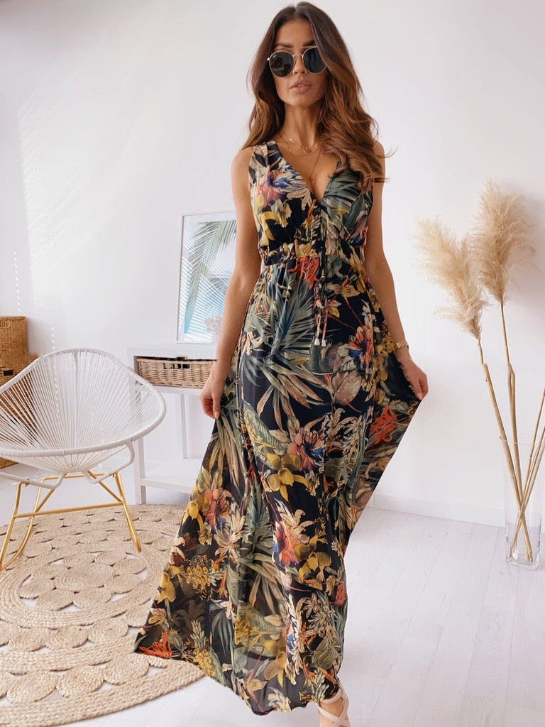 Levoire | Robe Maxi Décolleté En V Sexy Sans Manches Sans Dos Noir