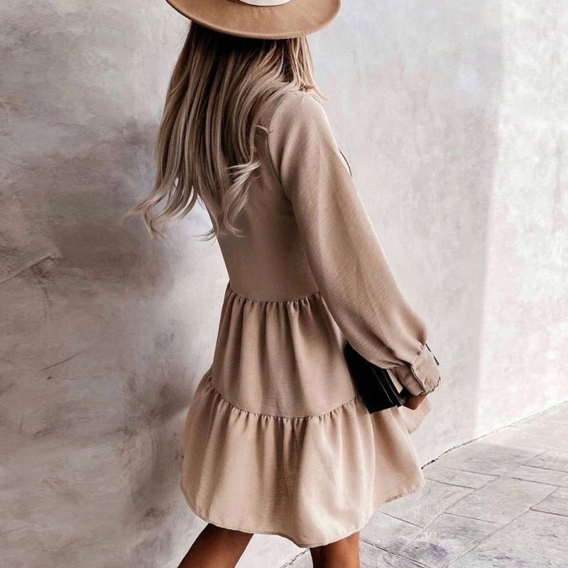 Levoire | Robe Volants Boutonnée Printemps Manches Longues A-Ligne