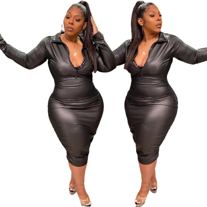 Levoire | Robe Midi À Manches Longues En Pu Skinn Surpoids Noir