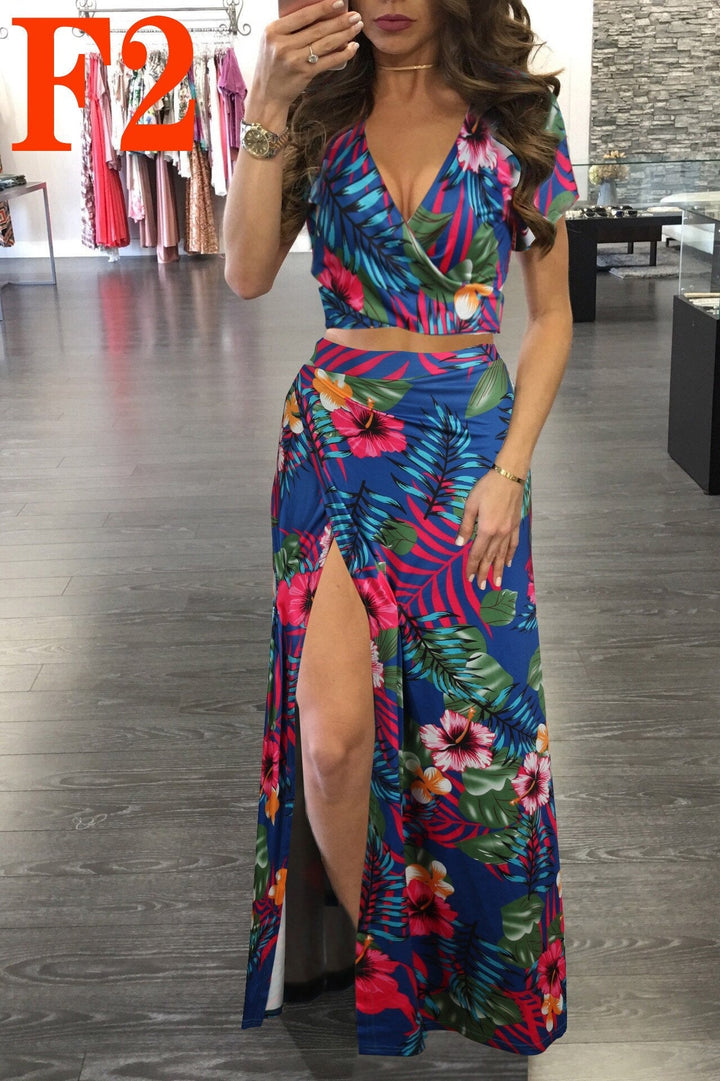 Levoire | Haut De Crop À Motif Floral & Jupe Longue Fendue Rosa