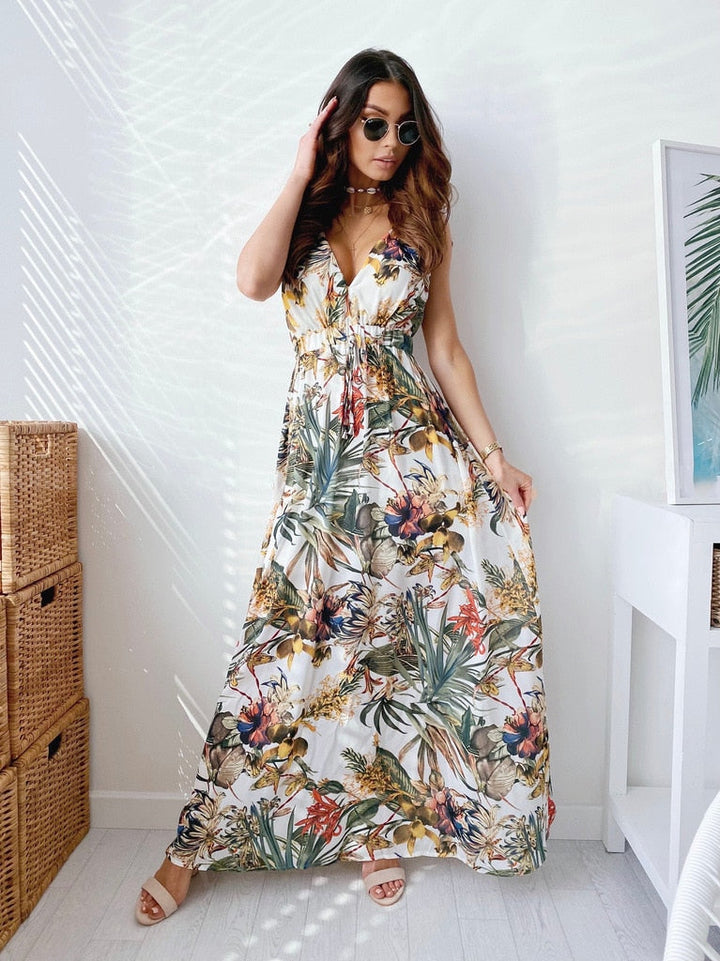 Levoire | Robe Maxi Décolleté En V Sexy Sans Manches Sans Dos Blanc