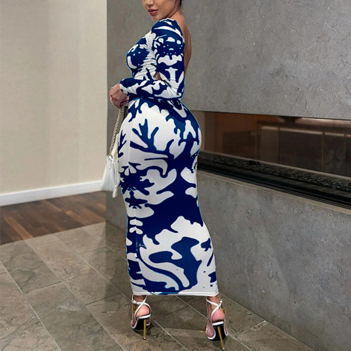 Levoire | Imprimé De Feuille Robe Maxi À Manches Longues Col O