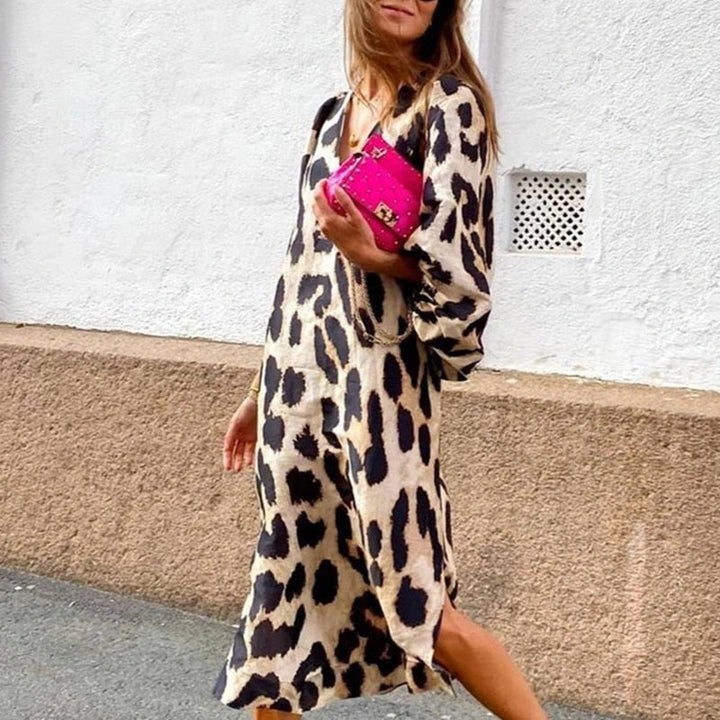 Levoire | Robe De Fête À Imprimé Léopard À Col En V À Manches 3/4 Élégante & Respirante 2XL