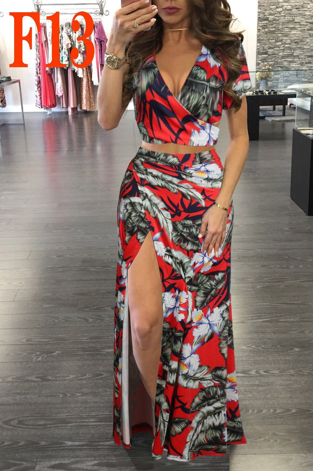Levoire | Haut De Crop À Motif Floral & Jupe Longue Fendue Orange