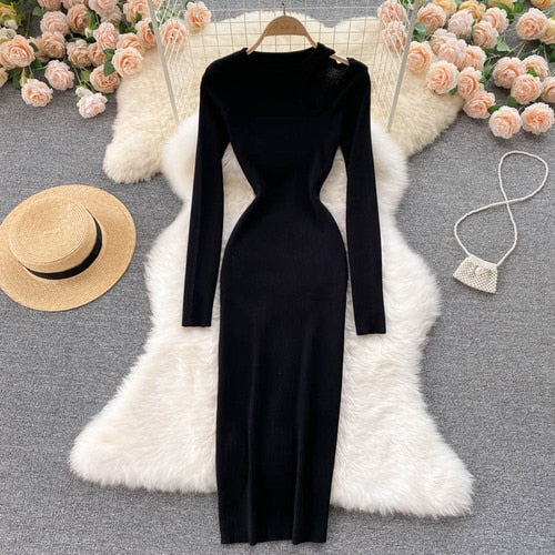 Levoire | Robe Maxi Sexy Tricotée Découpée Noir Une taille