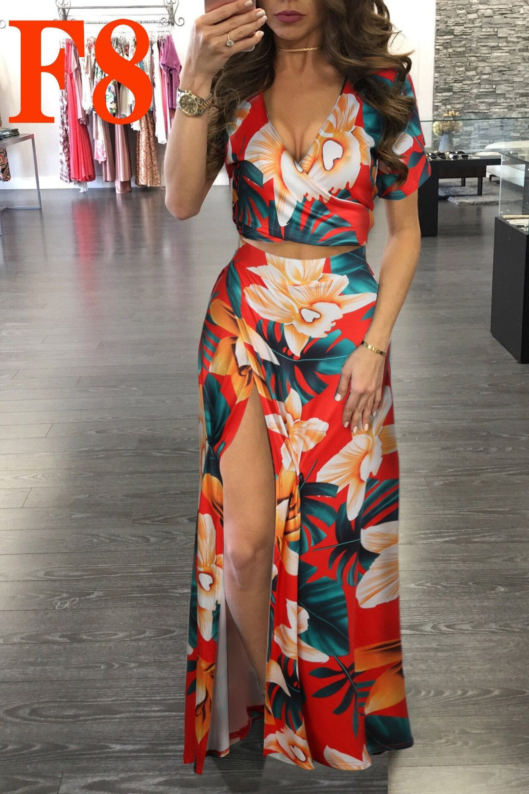Levoire | Haut De Crop À Motif Floral & Jupe Longue Fendue Vert