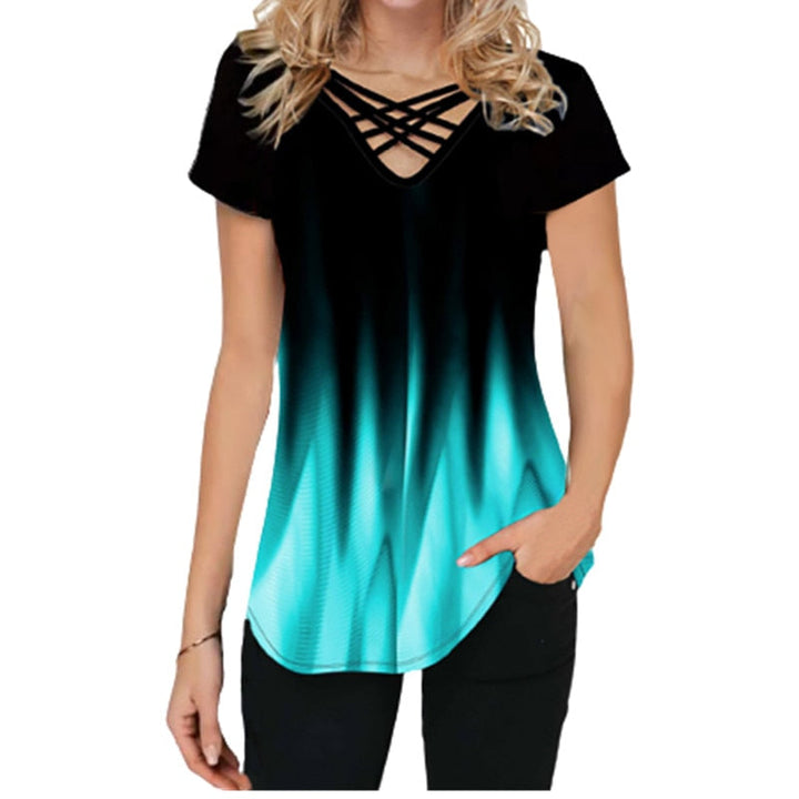 Levoire | Dégradé Imprimé Croisé Décolleté V Haut D'Été À Manches Courtes T-Shirt Ample Vert