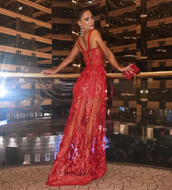 Levoire | Robe En Filet Longue Avec Des Fleurs Rot S