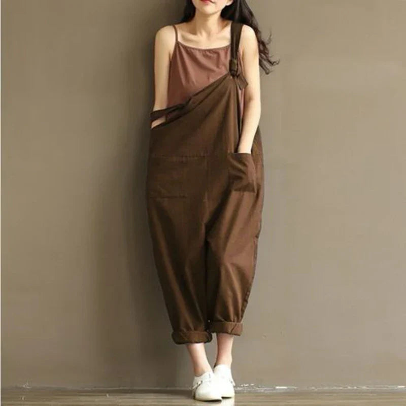 Levoire | Salopette Tendance Pour Femmes Avec Jambes Larges Surdimensionnées Et Longueur Mi-Longue Avec Poches Café